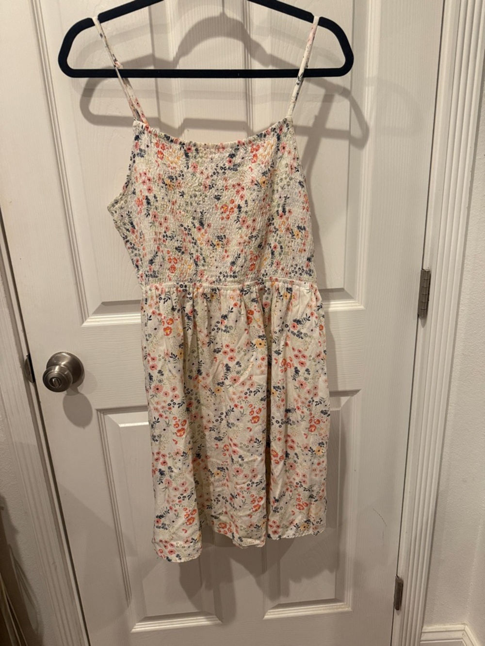 SO White Floral Smocked Midi Dress with Pink, Orange & Blue Accents